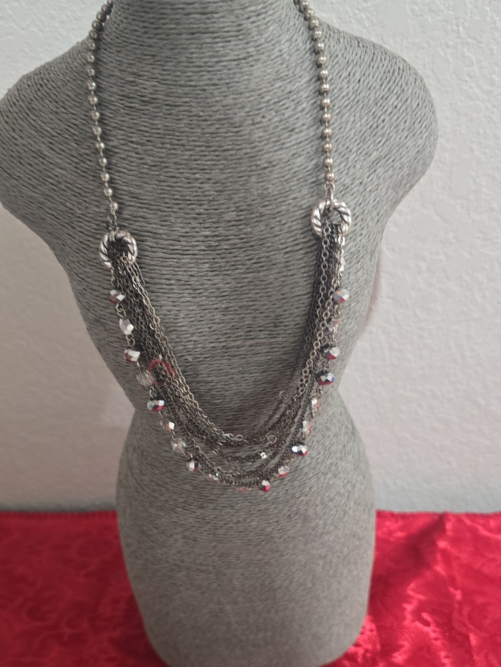 Silver Multi-Strand Chain Necklace with Crystal Accents